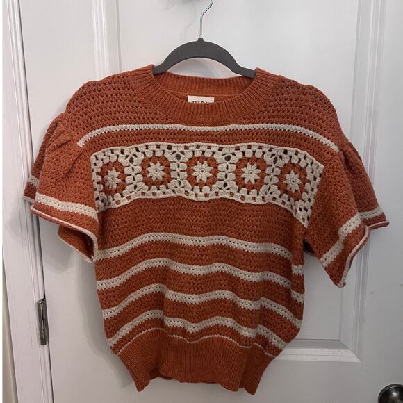 BiBi Granny Square Short Sleeve Striped Sweater M Boho-chic Cottagecore Retro - Picture 1 of 8